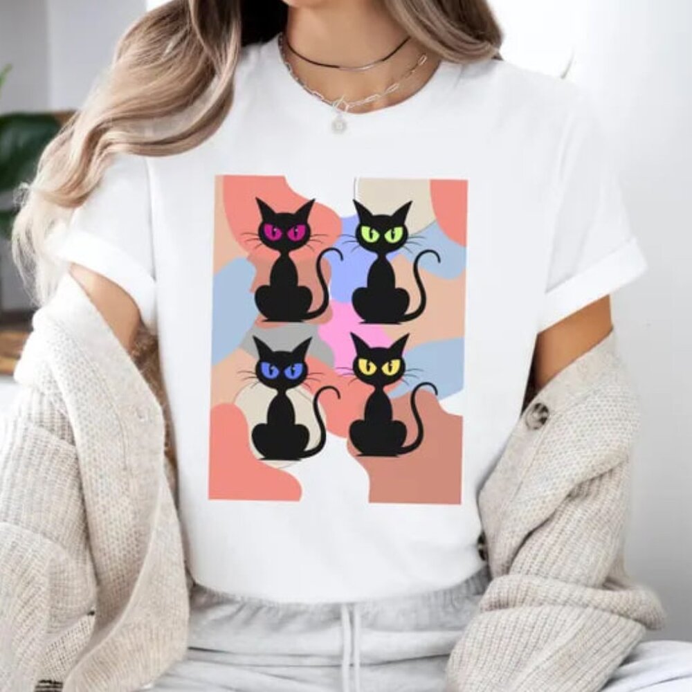 Retro Halloween Cat Shirt, Graphic Cat Halloween Tee, Cat Lover Shirt